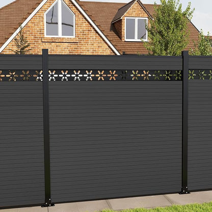 6 Feet×6 Feet Privacy Fence, Outdoor Wood Plastic Composite Fence Panel, Waterproof Security Barriers Fencing, WPC (Black, Floral (1 Panel - 1 Post))