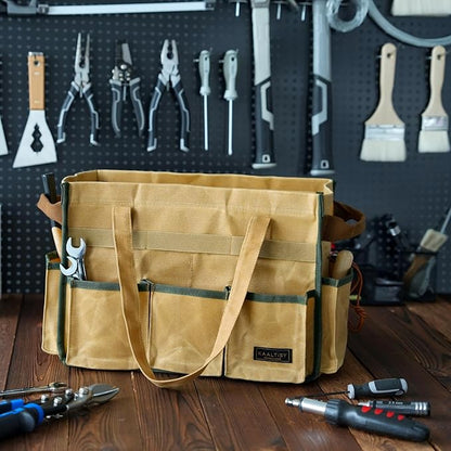 Canvas Tool Bag, 16OZ Waxed Canvas Tool Tote Bag with Metal Zipper & 12-Pocket Design, Multi-Purpose Garden Tool Storage Tote for Electrician Gardener Plumber | Khaki | 14.5"L x 7.5"W x 10"H