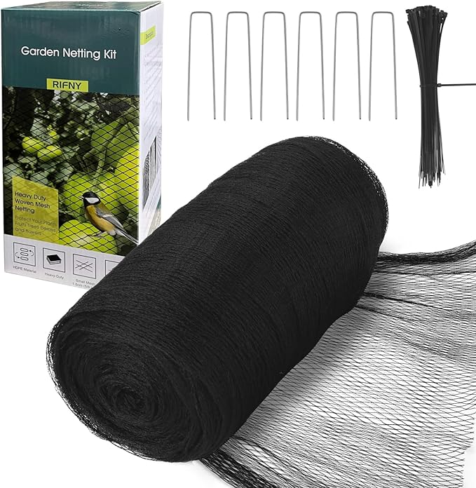 Bird Netting for Garden - 7.5 x 65 FT Heavy Duty Anti Bird Netting Mesh with Ties and Landscape Staples for Vegetable, Fruit Trees & Other Plants, Lasting Against Birds Deer Squirrels and Poultry