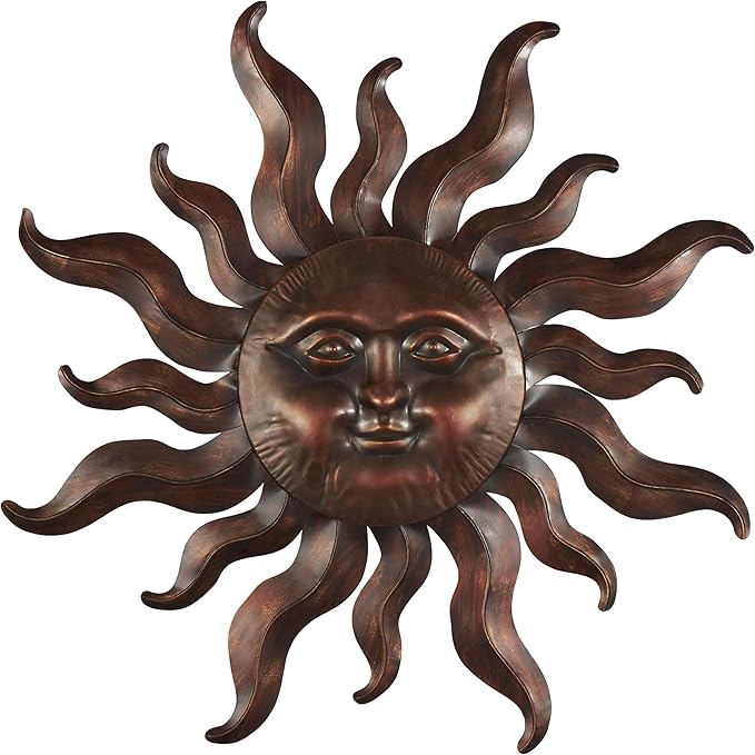 Deco 79 Metal Sun Home Wall Decor Wall Sculpture with Smiling Face and Curved Rays, Wall Art 32" x 1" x 35", Bronze