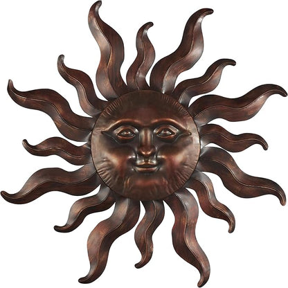Deco 79 Metal Sun Home Wall Decor Wall Sculpture with Smiling Face and Curved Rays, Wall Art 32" x 1" x 35", Bronze