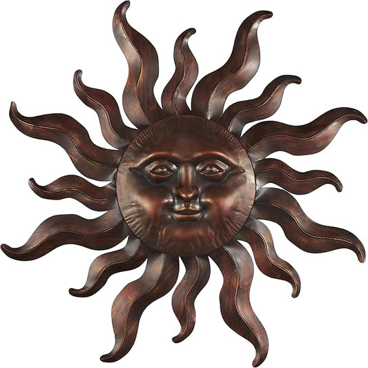 Deco 79 Metal Sun Home Wall Decor Wall Sculpture with Smiling Face and Curved Rays, Wall Art 32" x 1" x 35", Bronze