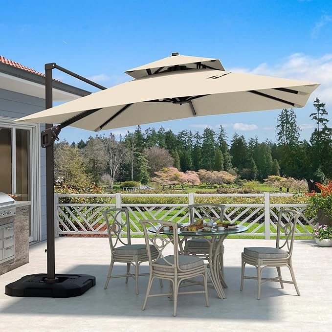 10' X 10' Cantilever Patio Umbrella Outdoor Heavy Duty Double Top Windproof Square Offset Umbrellas with 360-degree Rotation for Pool Deck Backyard, Beige