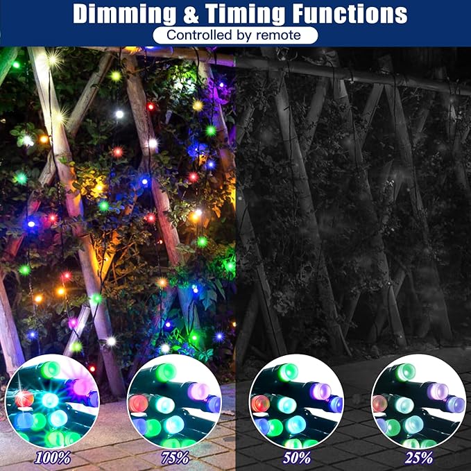 LitHome 100 LED Solar Christmas String Lights Outdoor, 33FT 34Colors Changing Solar/USB Red White Blue Lights Waterproof with Remote, 102 Modes 4th of July Light for Tree Garden Party Holiday Decor