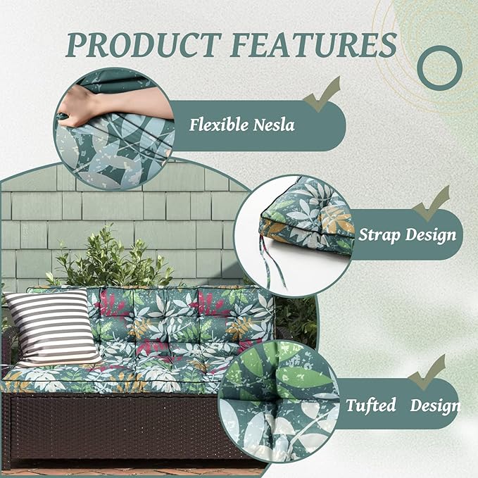 2/3 Seater Swing Replacement Cushion, Waterproof Porch Swing Cushions with Backrest, Thickened Bench Cushions for Outdoor Furniture, for Outdoor Patio Swing (Flower Color, 55 * 40in)