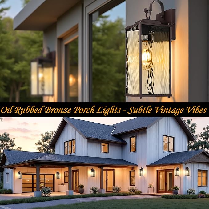 Oil Rubbed Bronze Outdoor Light Fixtures Water Ripple Glass 15” 2 Pack, Vintage Brown Exterior Lights for House IP65 Waterproof Outside Wall Sconce Lighting Coach Lights Patio Wall Lanterns