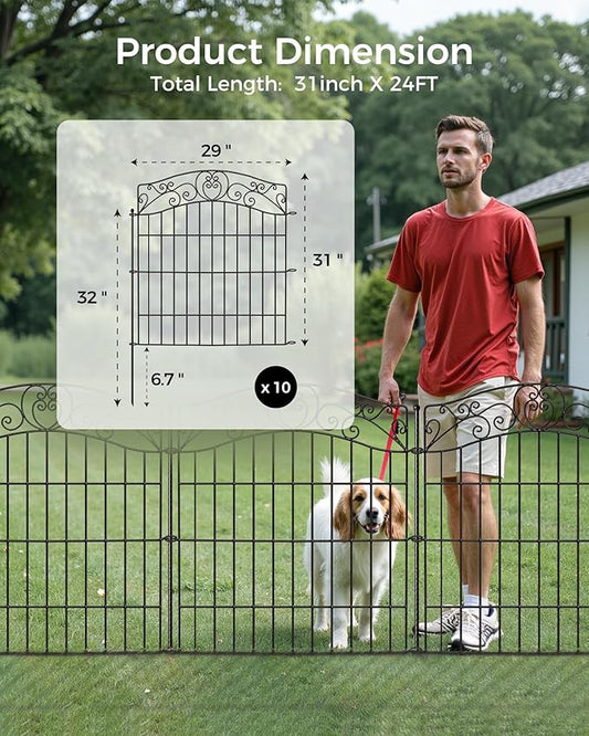 10 Panels No Dig Decorative Outdoor Garden Fence, 32 in(H) X 23.6 ft(L) Animal Barrier Fencing, Rustproof Portable Fence, Temporary Dog Fence Outdoor for Yard, Outside, Backyard, Patio