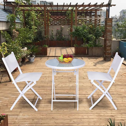Giantex Bistro Table Set, 3 Piece Patio Bistro Set, Outdoor Folding Table and Chairs, Foldable Patio Dining Set, Porch Furniture Set Garden Backyard Metal Frame No Assembly, White