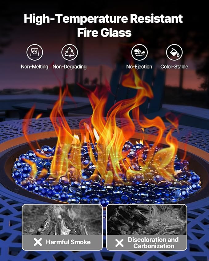 VEVOR Fire Glass, 20LBS / 9KG High-Temperature Resistant Fireplace Rocks, 3/4-Inch / 19.05 mm Reflective & Smokeless Firepit Glass Beads, High Luster Stone Landscaping for Fire Pit Table, Cobalt Blue