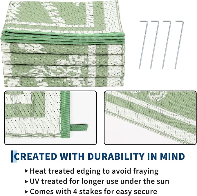 Garvee Outdoor Rug 9x12 Waterproof for Patios, Reversible Plastic Straw Rug, Tropical Leaf Indoor Outdoor Rugs, Large Area Rug for RV, Camping, Deck, Picnic Mat, Outside Carpet