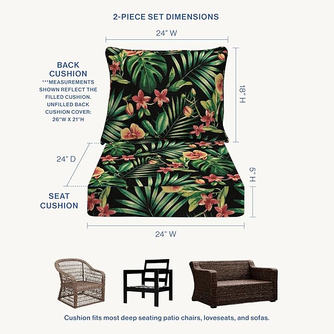 Honeycomb Outdoor Essentials Deep Seat, 24 x 24, Oahu Tropical Black Chair Cushion for Patio Furniture