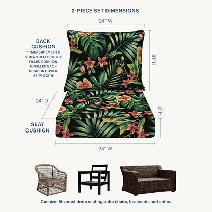 Honeycomb Outdoor Essentials Deep Seat, 24 x 24, Oahu Tropical Black Chair Cushion for Patio Furniture