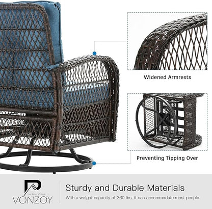 3 Pieces Patio Furniture Set, Outdoor Swivel Glider Rocker, Wicker Patio Bistro Set with Rocking Chair, Thickened Cushions and Table for Porch (Blue)