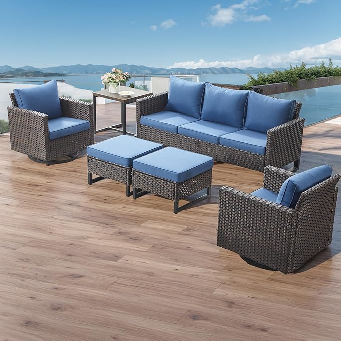 Rilyson Wicker Outdoor Patio Furniture Set - 5 Piece Patio Conversation Set with 2 Swivel Rocker Chairs,2 Rattan Ottoman and 1 Metal Side Table for Outside Porch Deck Backyard Garden(Brown/Blue)