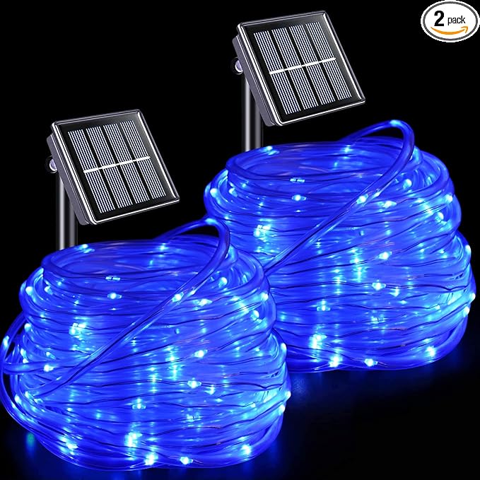 YEGUO Solar Christmas Lights Outdoor Waterproof, 2 Packs Each 33ft 100 LED Rope Lights, 8 Modes Fairy String Lights in Clear Thin Tube for Camping Fence Patio Garden Trampoline Deck(Blue)
