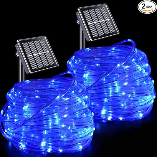 YEGUO Solar Christmas Lights Outdoor Waterproof, 2 Packs Each 33ft 100 LED Rope Lights, 8 Modes Fairy String Lights in Clear Thin Tube for Camping Fence Patio Garden Trampoline Deck(Blue)
