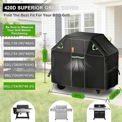 Grill Cover for Outdoor Grill, 65 Inch BBQ Grill Cover 420D Heavy Duty Waterproof with Air Vents/Handles/Straps, Weather Resistant Barbecue Gas Grill Cover for Weber, Genesis, Charbroil, etc