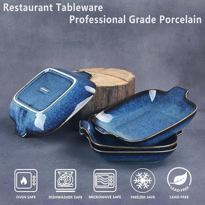 Ceramics Au Gratin baking Dishes Set of 4, Baking Tray Bake ware, 10.2 oz Ramekins, for Pie Pan, Appetizer, Tart, Dessert, Quiche, Oven Small dish, individual dishes, Square 7.8 Inch