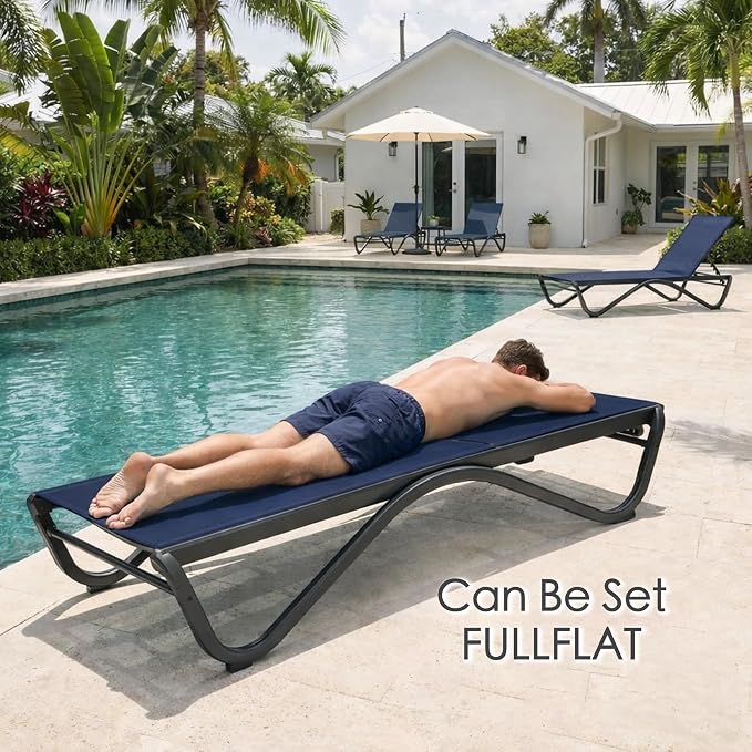 Kozyard Outdoor Chaise Lounge Chair, All Aluminum Frame and Textilene Fabric, Fully Flat Adjustable Reclining Patio Lounger for Poolside, Sunbathing & Backyard (NavyBlue, 2Chairs + Table)