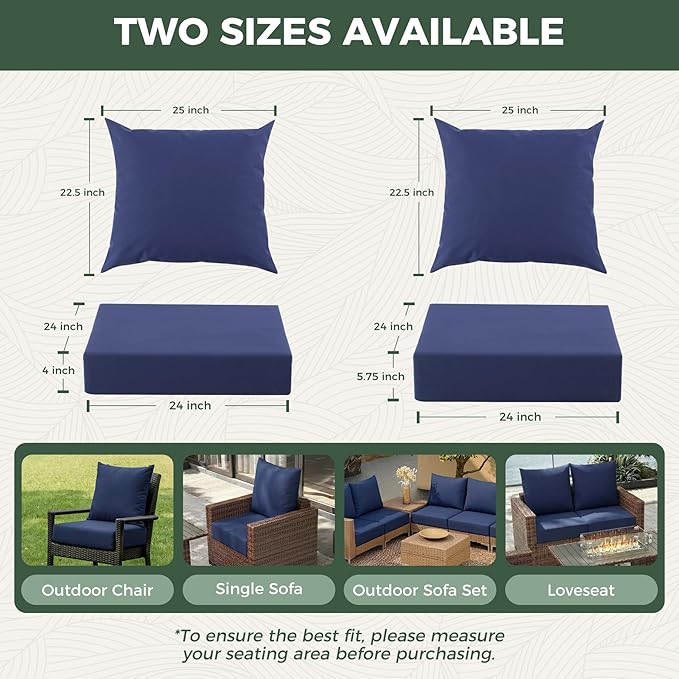 Outdoor Cushions for Patio Furniture, Outdoor Seat Cushion Set 24 x 24 x 4 Inch, Waterproof & Fade Resistant Outdoor Chair Cushions, Deep Seat Patio Cushion with Removable Cover, Navy Blue