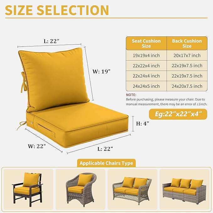 Premium Outdoor Seat Cushion Chair Cushions for Patio Furniture 22 L X 22 W X 4 H Waterproof & Fade Resistant Deep Seat and Backrest Cushion Set with Removable Covers for Chair, Sofa