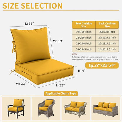 Premium Outdoor Seat Cushion Chair Cushions for Patio Furniture 22 L X 22 W X 4 H Waterproof & Fade Resistant Deep Seat and Backrest Cushion Set with Removable Covers for Chair, Sofa