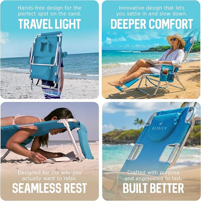 Ostrich the Backpack 3N1 Portable Chair with Cooler Bag and Reclining Lounger for Tanning, Camping, Beach, and Outdoor Essential, Light Blue