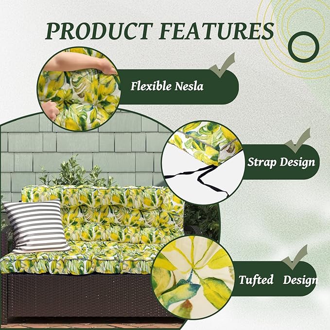 2/3 Seater Swing Replacement Cushion, Waterproof Porch Swing Cushions with Backrest, Thickened Bench Cushions for Outdoor Furniture, for Outdoor Patio Swing (Botanical Yellow, 63 * 40in)