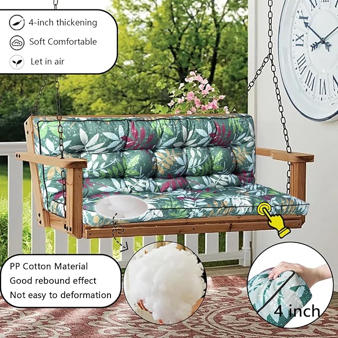Porch Swing Cushion Three Seat, Waterproof Swing Cushions Replacement with Backrest, Outdoor Garden Furniture Patio 4" Thickened Cushions with Ties (Green Flowers, 40 x 55in)