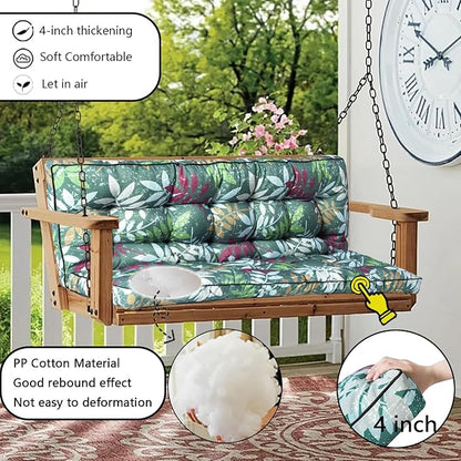 Porch Swing Cushion Three Seat, Waterproof Swing Cushions Replacement with Backrest, Outdoor Garden Furniture Patio 4" Thickened Cushions with Ties (Green Flowers, 40 x 55in)