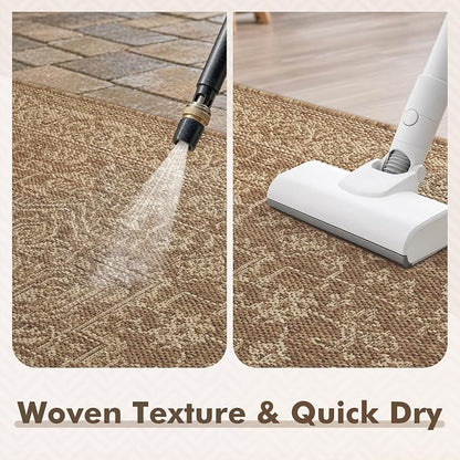 MontVoo-Outdoor Rug-Patio Rug 5x7 ft Polypropylene Indoor Outdoor Rugs Carpet for Patio Deck Balcony Porch, Textured Weave, Durable for High Traffic, Fade-Resistant, Vintage Medallion Neutral Brown