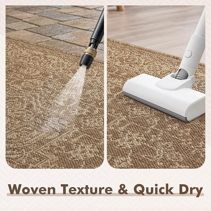 MontVoo-2x8 ft Indoor Outdoor Runner Rugs for Entryway Porch Hallway Kitchen Door Entrance Long, Textured Weave Polypropylene, Durable for High Traffic, Fade-Resistant, Vintage Medallion Neutral Brown
