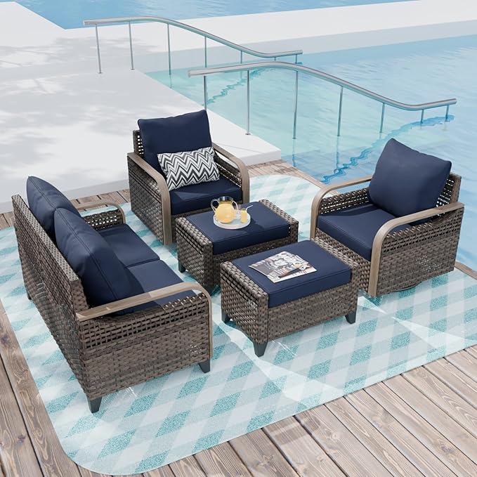 COOS BAY Modern Wicker Outdoor Furniture Set, Patio Conversation Set with Swivel Rockers, 2 Seat Loveseat, and Ottomans, 5 Piece, Brown/Blue