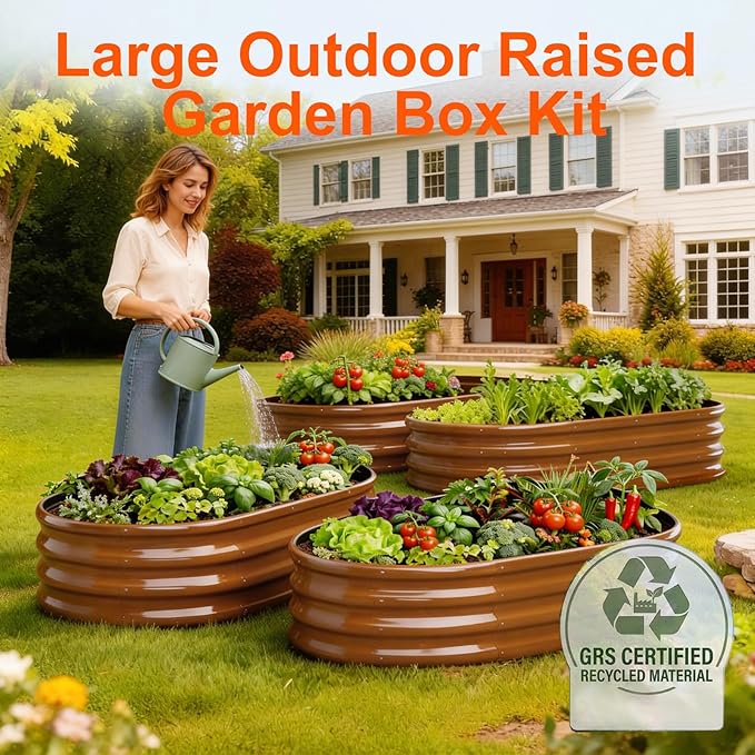 Raised Garden Bed Outdoor 2 Sets Oval Large Coating Metal Planter Box with No Heavy Metal for Vegetables, Flowers, Herbs
