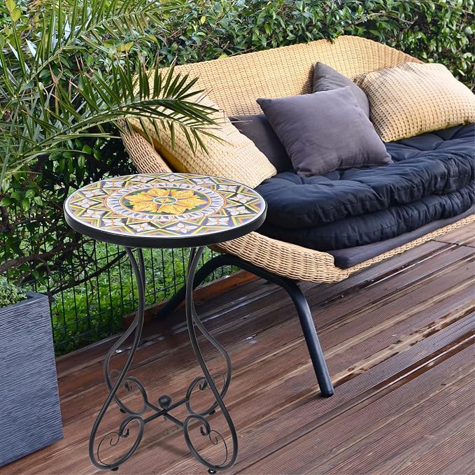 VCUTEKA Outdoor Side Table Mosaic Patio Table Accent Tables Mosaic Tile Top Metal Frame Small End Tables Porch Beach Patio Garden Balcony Yellow