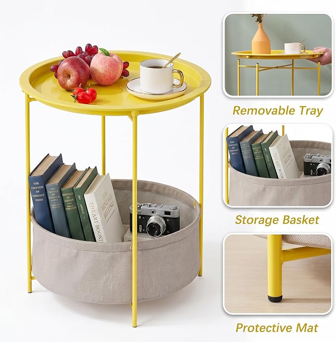 VECELO Round Side/End Table with Fabric Storage Basket，Metal Anti-Rust and Waterproof Small Bedside Nightstand with Removable Tray Top for Living Room，Balcony & Laundry，Yellow /1pcs with Basket