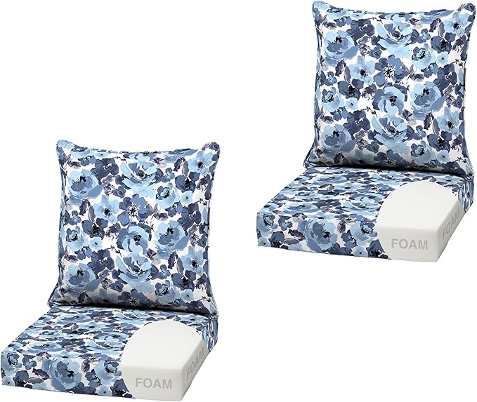 Arden Outdoor Foam Deep Seat Cushion (2-Pack), 22x24, Premium High-Density Foam, Never Flattens, Weather-Proof for Patio Chair Sofa Couch, Blue Garden Floral