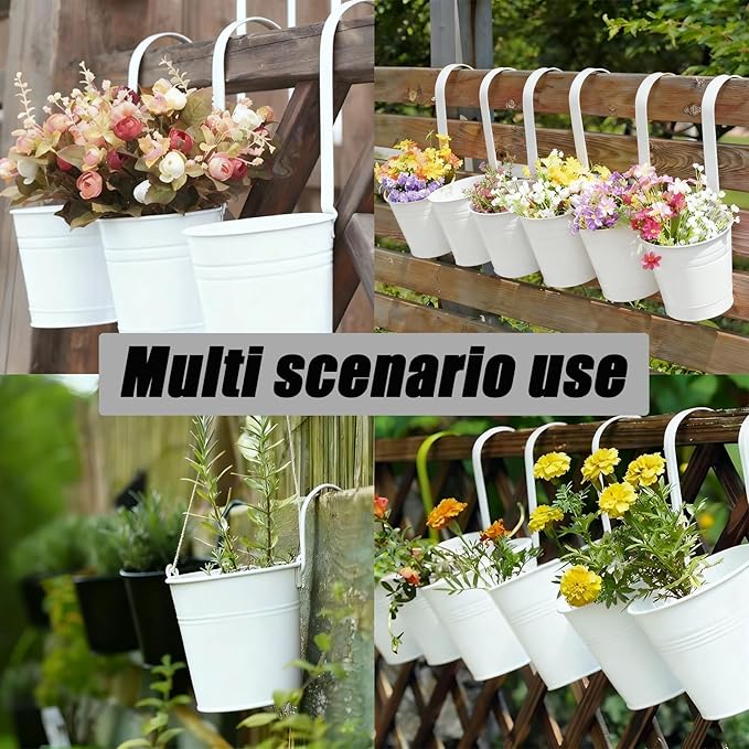 6 Pcs Hanging Flower Pots with Detachable Hooks,Metal Iron Bucket Planter for Railing,Fence,Balcony Garden Decor,4INCH,White