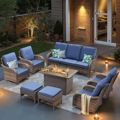Patio Furniture Set with 42.5" Fire Pit Table-8 Pieces All Weather Wicker Outdoor Furniture with High Back Swivel Patio Chairs Set of 2 Outdoor Couch for Deck Balcony Backyard Brown/Blue