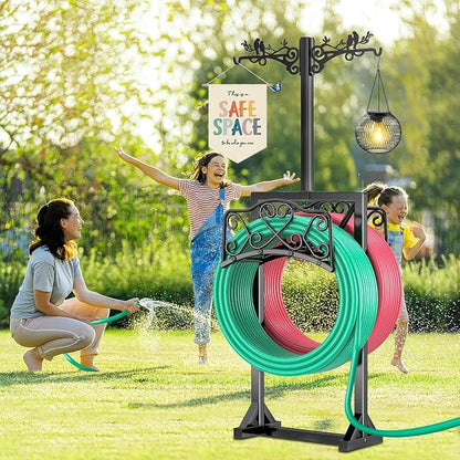 Garden Hose Holder for Outside,Water Hose Holders with 2 Bird Statue Shepherds Hooks & 5 Spikes,Double-Sided Freestanding Hose Stand Heavy Duty Hose Storage Rack for Outdoor Yard Lawn Farm
