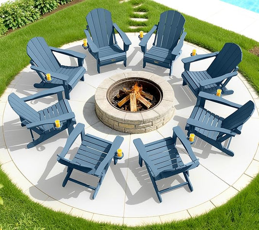 SERWALL Folding Adirondack Chair with Cup Holder Set of 4, Weather Resistant HIPS Patio Chairs, Wooden Textured, Fire Pit Chairs for Garden Outdoors Fire Pit - Blue