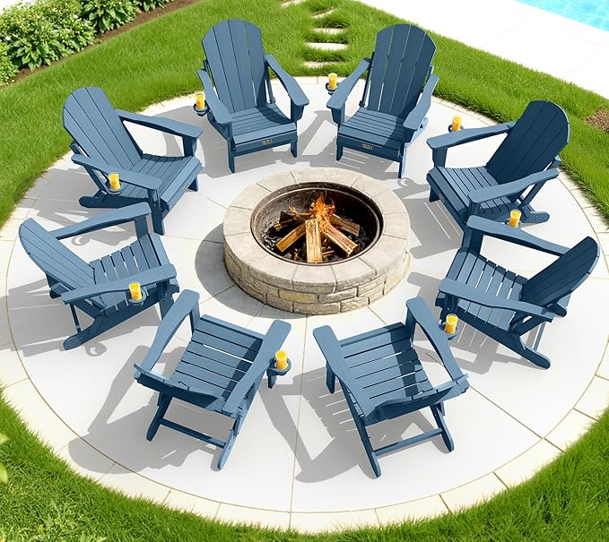SERWALL Folding Adirondack Chair with Cup Holder Set of 6, Weather Resistant HIPS Lawn Chairs, Wooden Textured, Fire Pit Chairs for Backyard, Garden - Blue