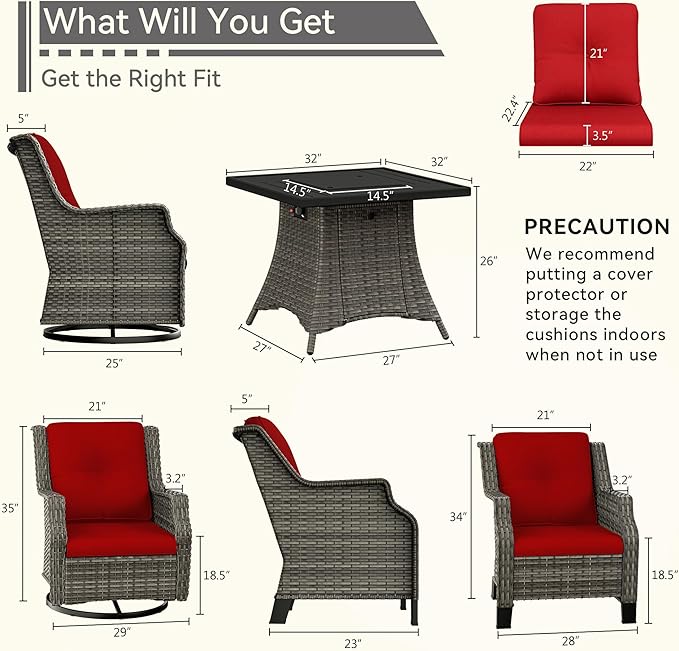 5-Piece Patio Wicker Conversation Set with Fire Pit, Furniture Set Includes 2 Swivel Rocker Chair and 2 Armchair, Cushion Red