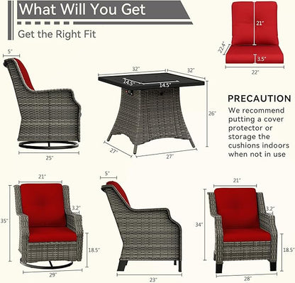 5-Piece Patio Wicker Conversation Set with Fire Pit, Furniture Set Includes 2 Swivel Rocker Chair and 2 Armchair, Cushion Red