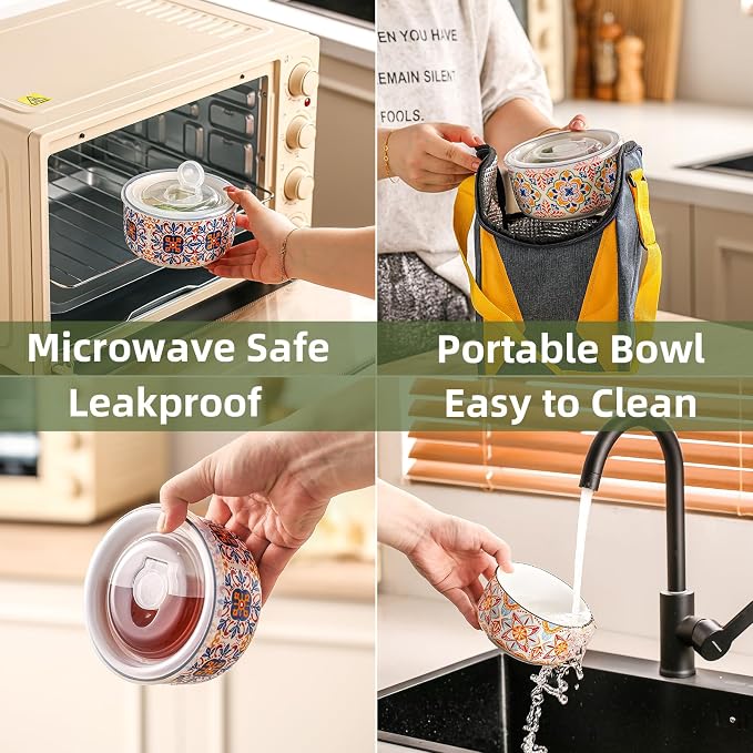 Ceramic Bowl with Lid, Microwave Safe, Set of 6 | Food Storage Containers for Soup, Meal Prep, Cereal, Salad Leftovers - Picnic, Camping, Office Lunch - 20 oz, B-Pattern