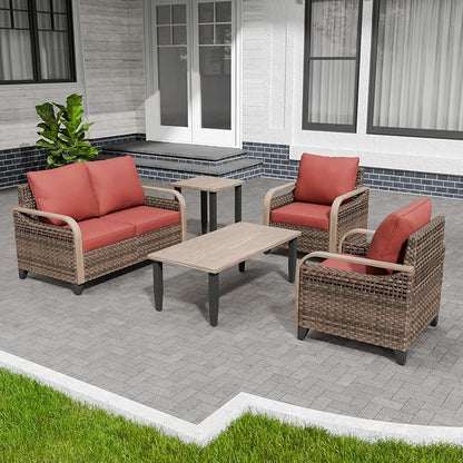 Modern Wicker Patio Furniture Set, Rattan Outdoor Conversation Set with Comfortable Cushions, 2 Patio Chairs, 2 Seat Loveseat, Coffee Table and Side Table, 5 Pieces, Brown/Red