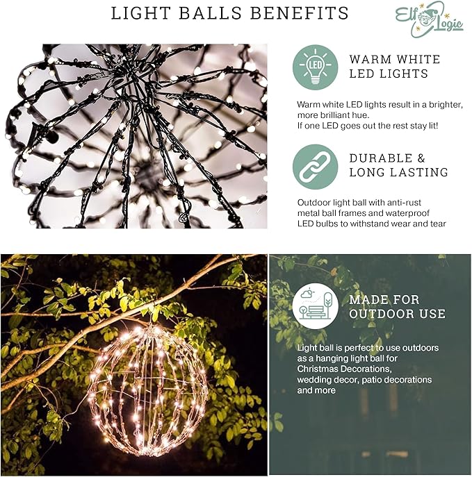 Elf Logic 16” Outdoor/Indoor LED Christmas Light Ball with Automatic Timer. Durable, Waterproof, Long-Lasting, Lightweight Bright Light Ball. Warm LED Lights for Holiday Decor, Patio, Wedding Decor