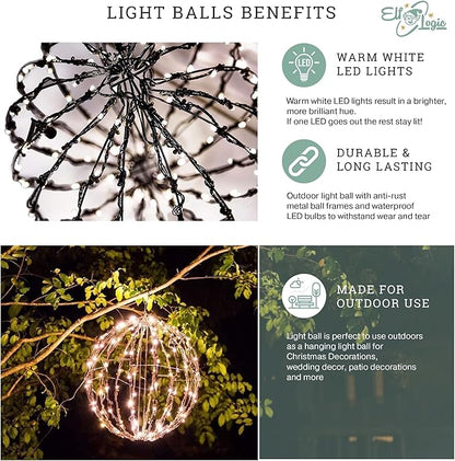 Elf Logic 16” Outdoor/Indoor LED Christmas Light Ball with Automatic Timer. Durable, Waterproof, Long-Lasting, Lightweight Bright Light Ball. Warm LED Lights for Holiday Decor, Patio, Wedding Decor