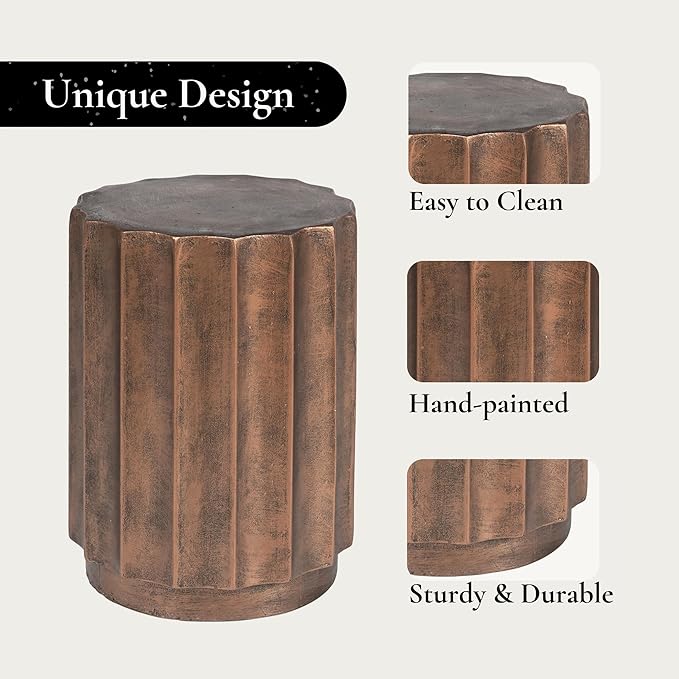 LuxenHome Weathered Copper Cement Fluted Round Indoor Outdoor Side and End Table, Set of 2
