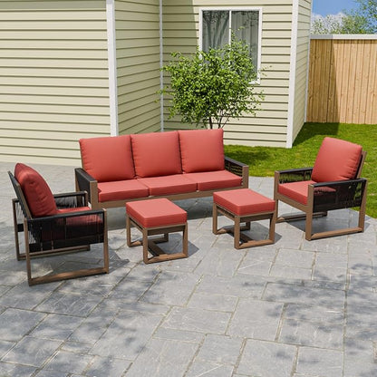 Rustic Hideaway Natural Cedar Wood Outdoor Furniture Set, Wicker Patio Conversation Set for Porch Garden Backyard, Couch, 2 Patio Chairs and 2 Ottomans, 5 Piece, Brownish/Red